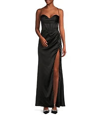 GB Social Corset Cowl Neck Lace-Up Back Slit Hem Satin Long Dress