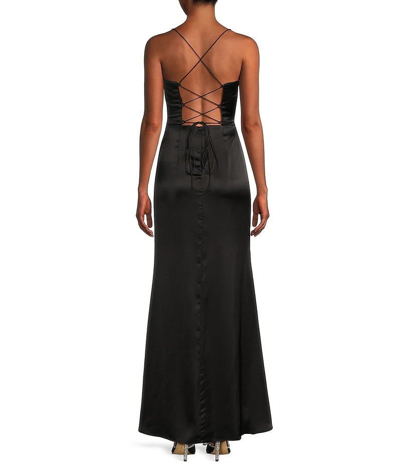 GB Social Corset Cowl Neck Lace-Up Back Slit Hem Satin Long Dress