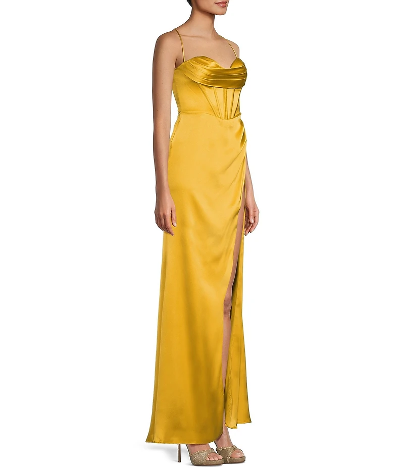 GB Social Corset Cowl Neck Lace-Up Back Slit Hem Satin Long Dress