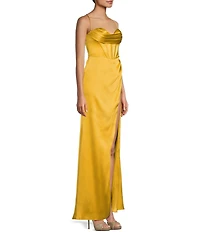GB Social Corset Cowl Neck Lace-Up Back Slit Hem Satin Long Dress