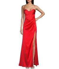 GB Social Corset Cowl Neck Lace-Up Back Slit Hem Satin Long Dress