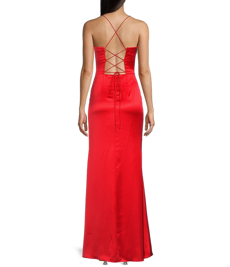 GB Social Corset Cowl Neck Lace-Up Back Slit Hem Satin Long Dress