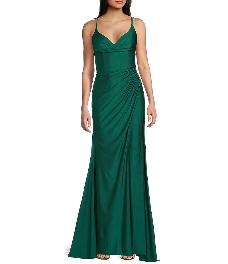 GB Social Jersey Ruched Lace-Up Back Long Dress