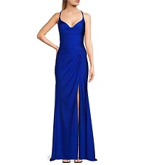 GB Social Jersey Ruched Lace-Up Back Long Dress