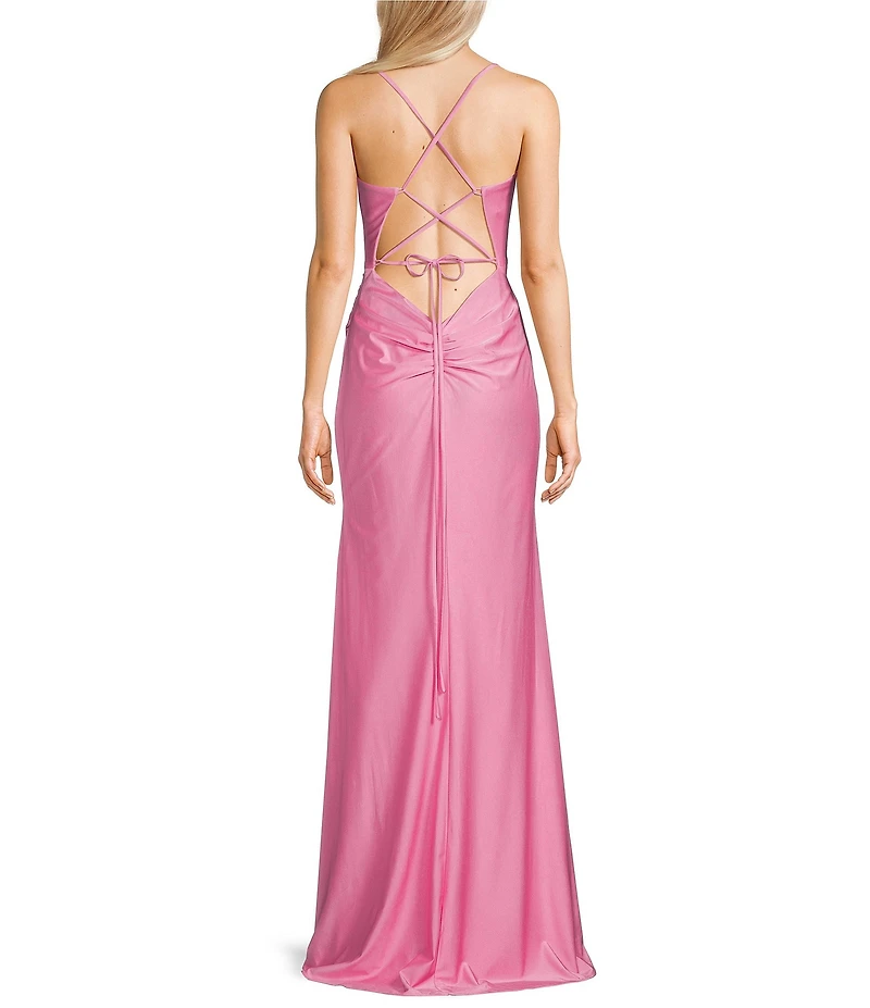 GB Social Jersey Ruched Lace-Up Back Long Dress