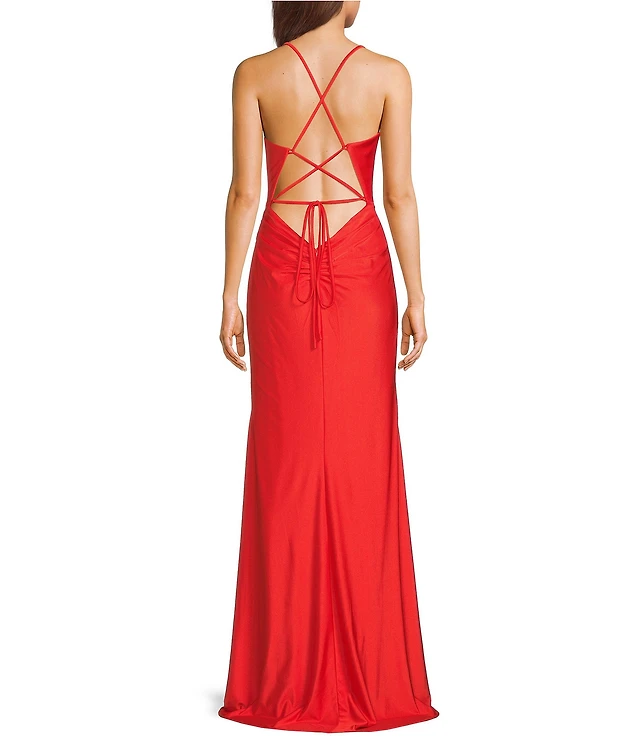 Coya Collection Satin Ruched Bodice Side Slit Lace Up Back Long Dress at  CoolSprings Galleria in Franklin, TN