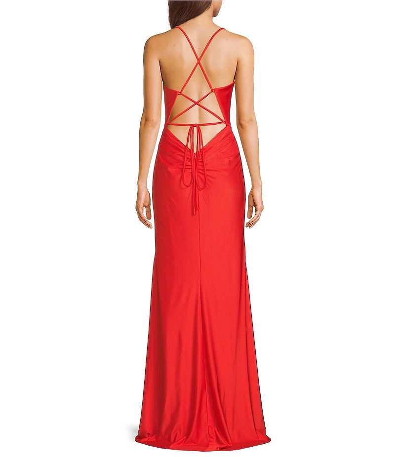 GB Social Jersey Ruched Lace-Up Back Long Dress