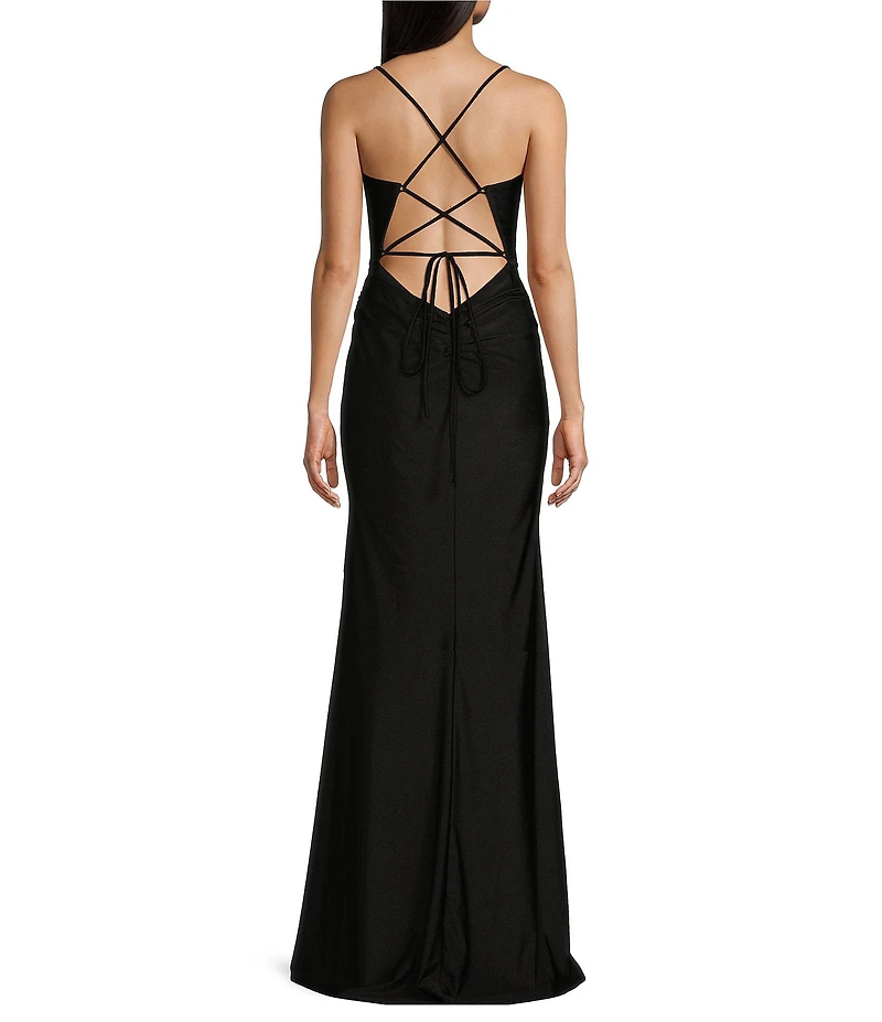 GB Social Jersey Ruched Lace-Up Back Long Dress