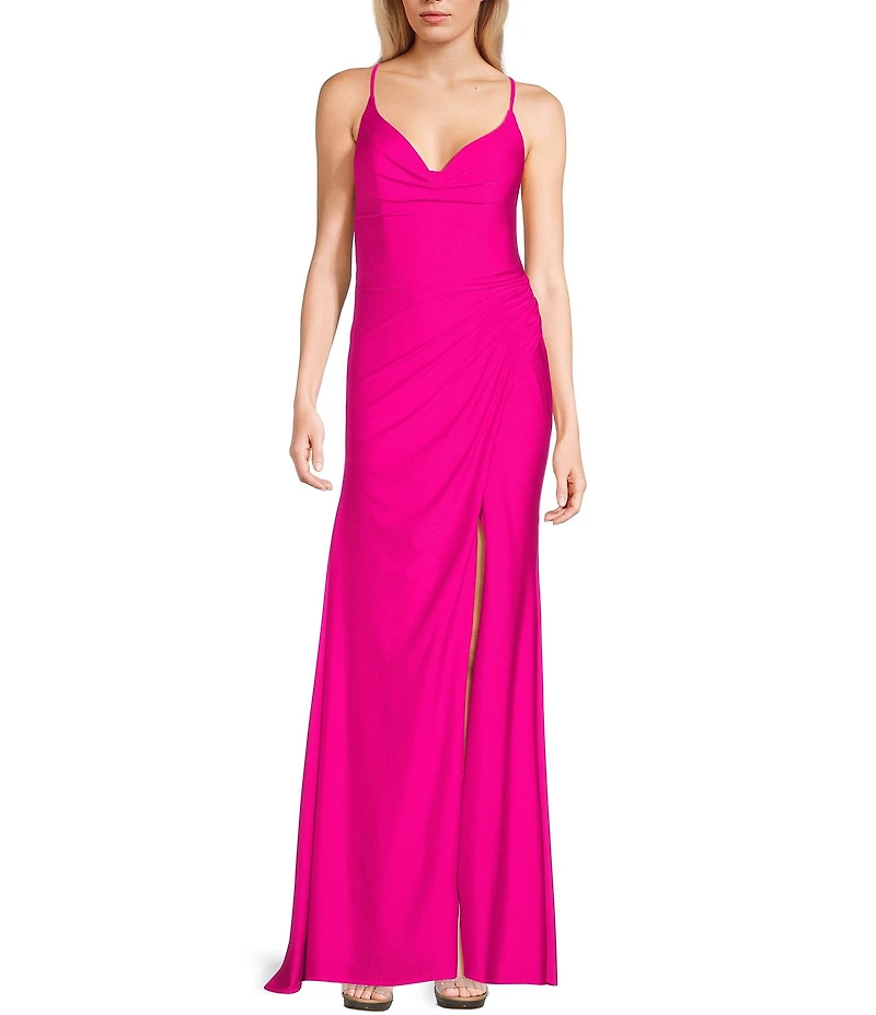 GB Social Jersey Ruched Lace-Up Back Long Dress