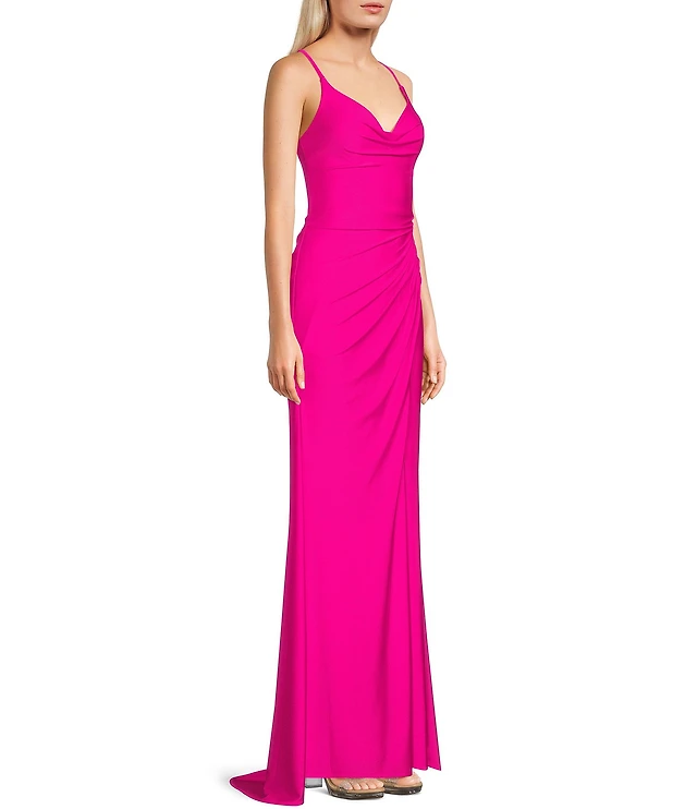 ruched spaghetti strap jersey dress with lace slit Ruched Spaghetti Strap Jersey Dress with Lace Slit