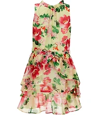 GB Social Little Girls Woven Sleeveless Floral High Neck Cascading Tiered Dress
