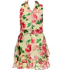 GB Social Little Girls Woven Sleeveless Floral High Neck Cascading Tiered Dress