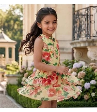 GB Social Little Girls Woven Sleeveless Floral High Neck Cascading Tiered Dress