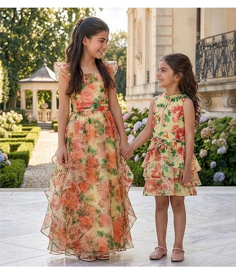 GB Social Little Girls Woven Sleeveless Floral High Neck Cascading Tiered Dress