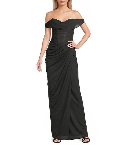 GB Social One Shoulder Sleeveless Mesh Ruched Full Length Prom Dress