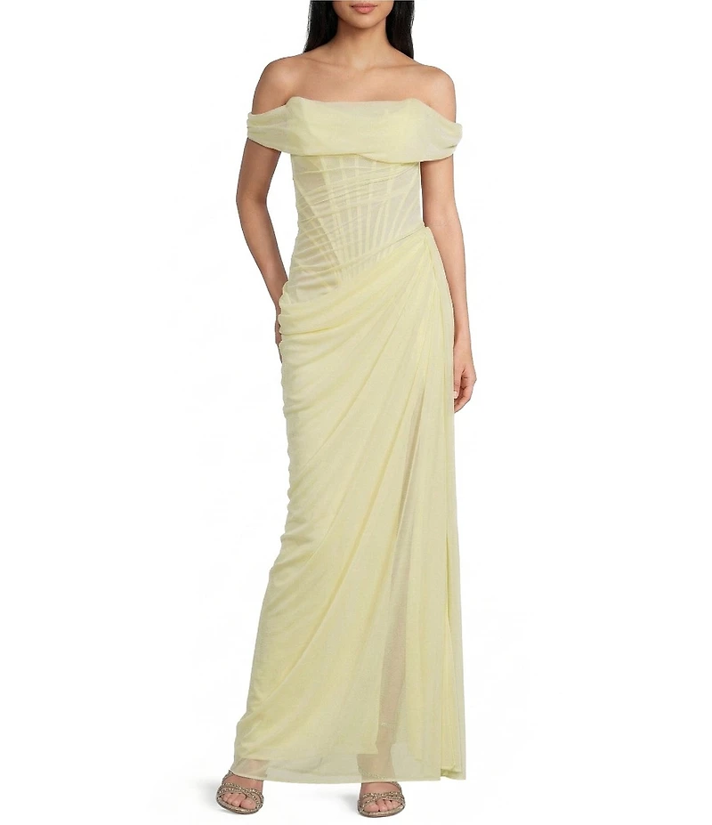 GB Social One Shoulder Sleeveless Mesh Ruched Full Length Prom Dress