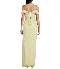 GB Social One Shoulder Sleeveless Mesh Ruched Full Length Prom Dress