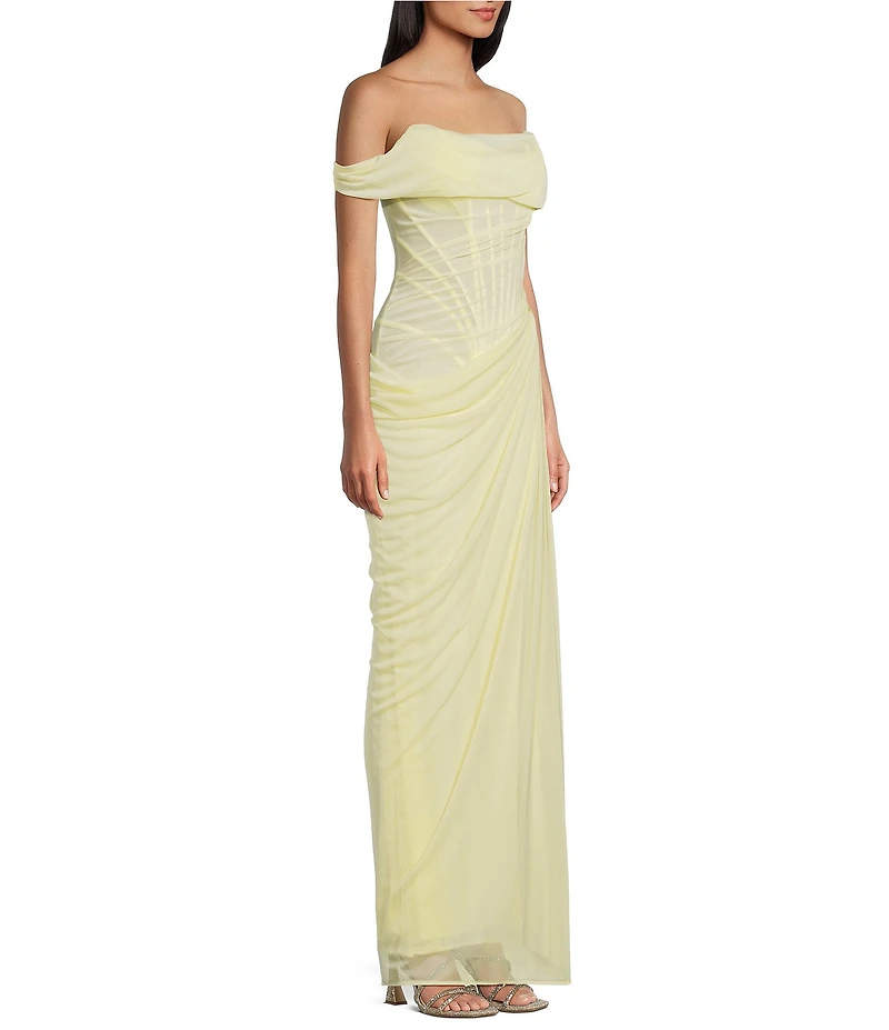 GB Social One Shoulder Sleeveless Mesh Ruched Full Length Prom Dress