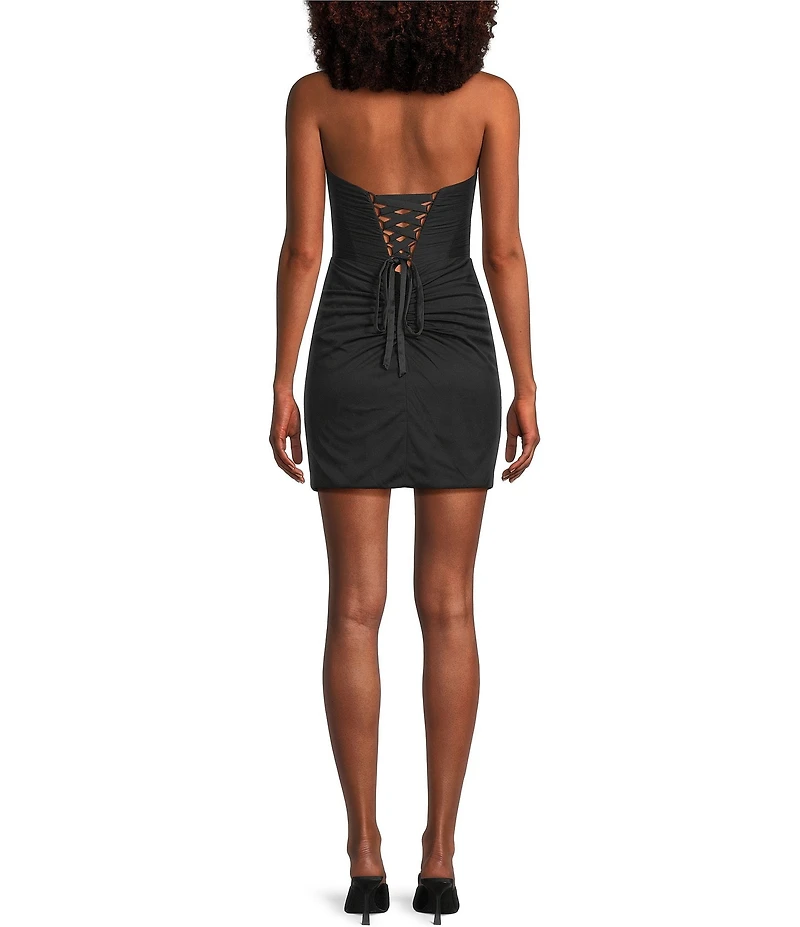 GB Social Ruched Mesh Corset Back Mini Dress