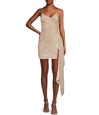 GB Social Ruched Sequin Asymmetrical Hem Tie Back Mini Dress