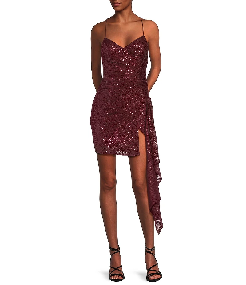 GB Social Ruched Sequin Asymmetrical Hem Tie Back Mini Dress
