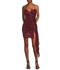 GB Social Ruched Sequin Asymmetrical Hem Tie Back Mini Dress