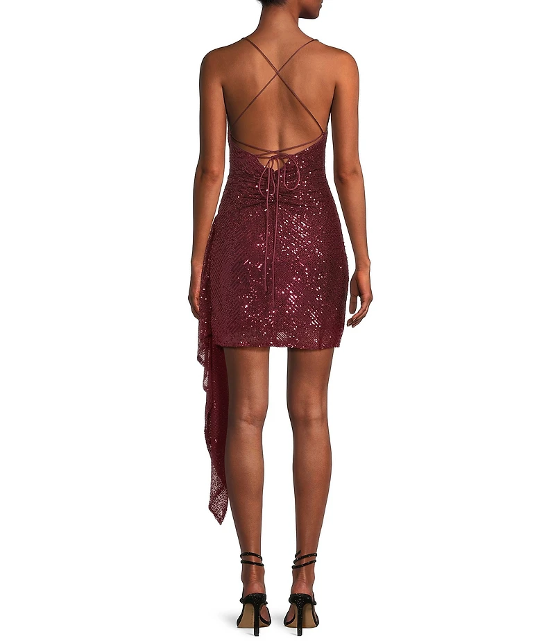 GB Social Ruched Sequin Asymmetrical Hem Tie Back Mini Dress