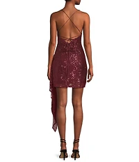 GB Social Ruched Sequin Asymmetrical Hem Tie Back Mini Dress
