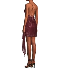 GB Social Ruched Sequin Asymmetrical Hem Tie Back Mini Dress