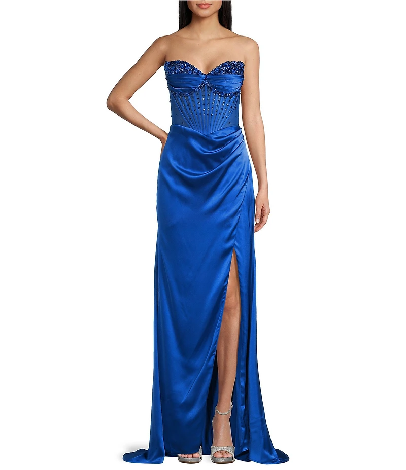 GB Social Strapless Sweetheart Beaded Rhinestone Corset Long Dress