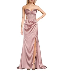 GB Social Strapless Sweetheart Beaded Rhinestone Corset Long Dress