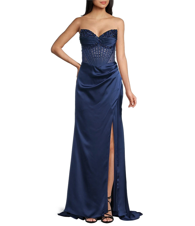 GB Social Strapless Sweetheart Beaded Rhinestone Corset Long Dress