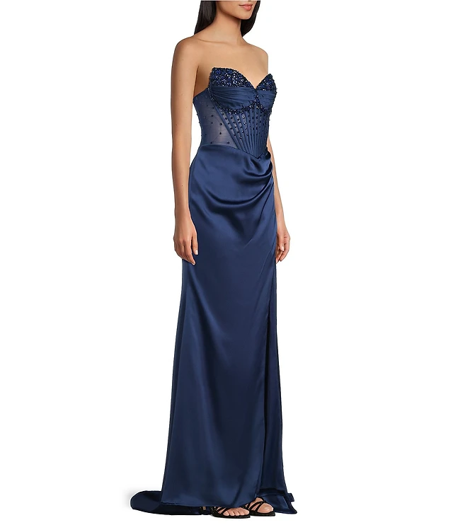 GB Social Strapless Sweetheart Beaded Rhinestone Corset Long Dress |  Liberty Center