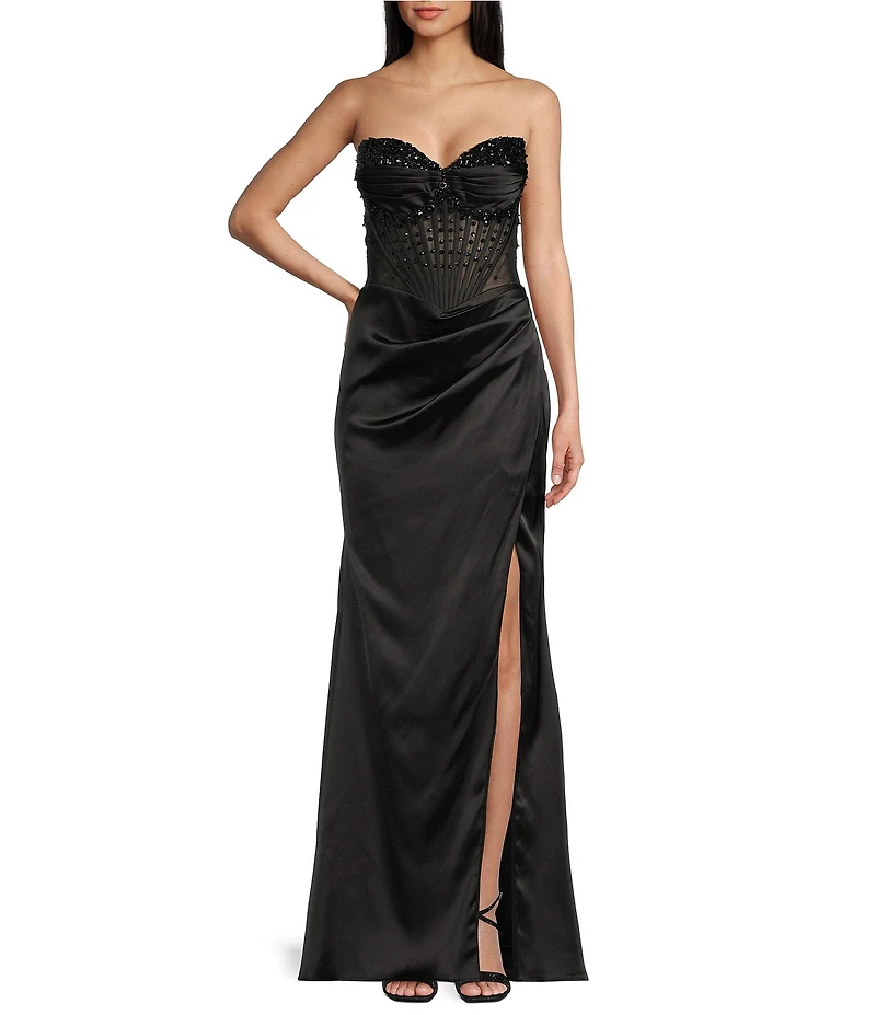 GB Social Strapless Sweetheart Beaded Rhinestone Corset Long Dress