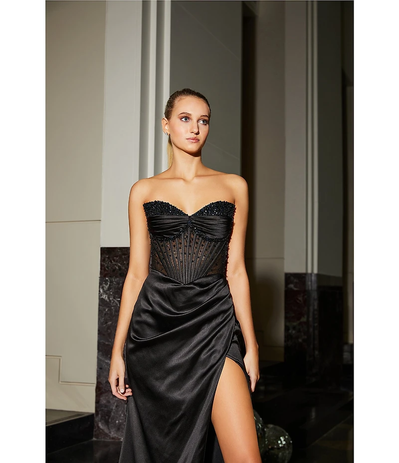 GB Social Strapless Sweetheart Beaded Rhinestone Corset Long Dress