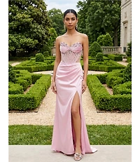 GB Social Strapless Sweetheart Beaded Rhinestone Corset Long Dress