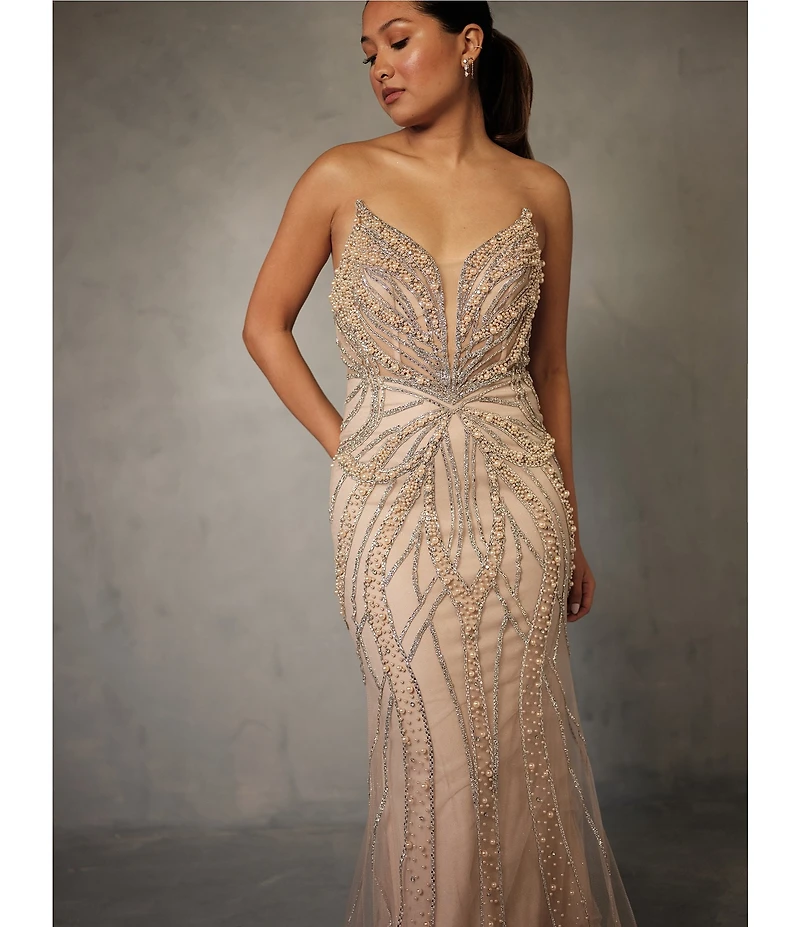 GB Social Strapless Sweetheart Pearl All Over Beading Full Length Dress