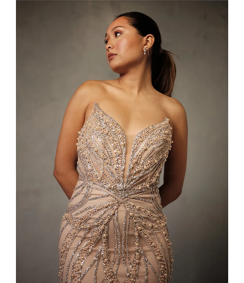 GB Social Strapless Sweetheart Pearl All Over Beading Full Length Dress