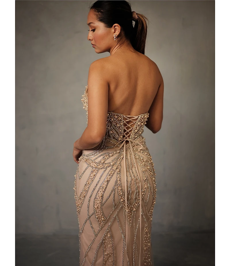 GB Social Strapless Sweetheart Pearl All Over Beading Full Length Dress