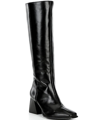 GB Sole-Sister Glossy Leather Square Toe Block Heel Tall Boots