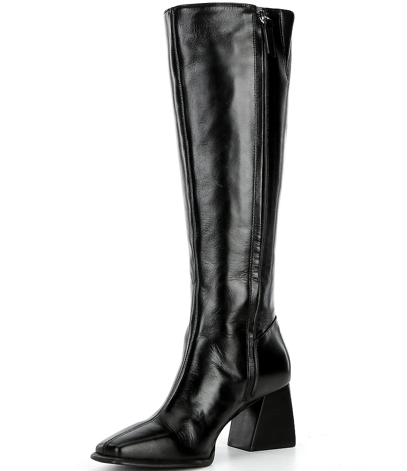 GB Sole-Sister Glossy Leather Square Toe Block Heel Tall Boots