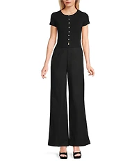 GB Solid Split Rib Crew Neck Short Sleeve Button Front Sweater Cardigan