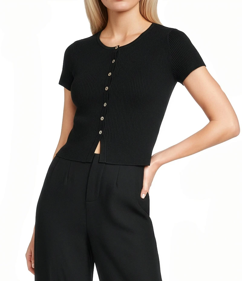 GB Solid Split Rib Crew Neck Short Sleeve Button Front Sweater Cardigan