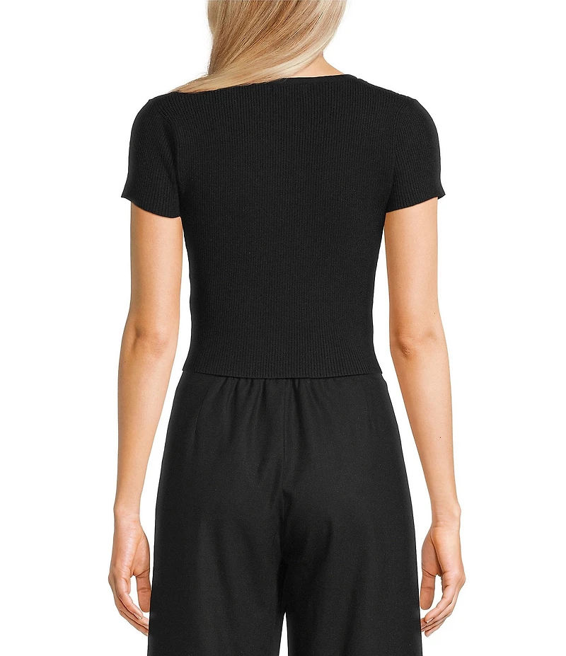 GB Solid Split Rib Crew Neck Short Sleeve Button Front Sweater Cardigan