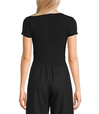 GB Solid Split Rib Crew Neck Short Sleeve Button Front Sweater Cardigan