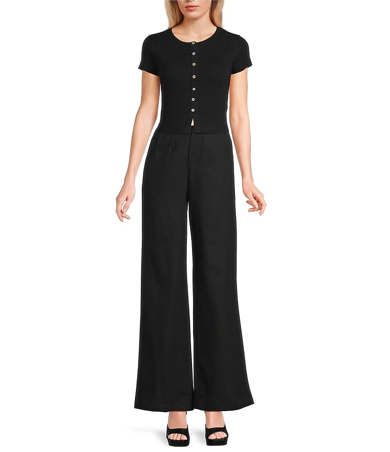 GB Solid Split Rib Crew Neck Short Sleeve Button Front Sweater Cardigan