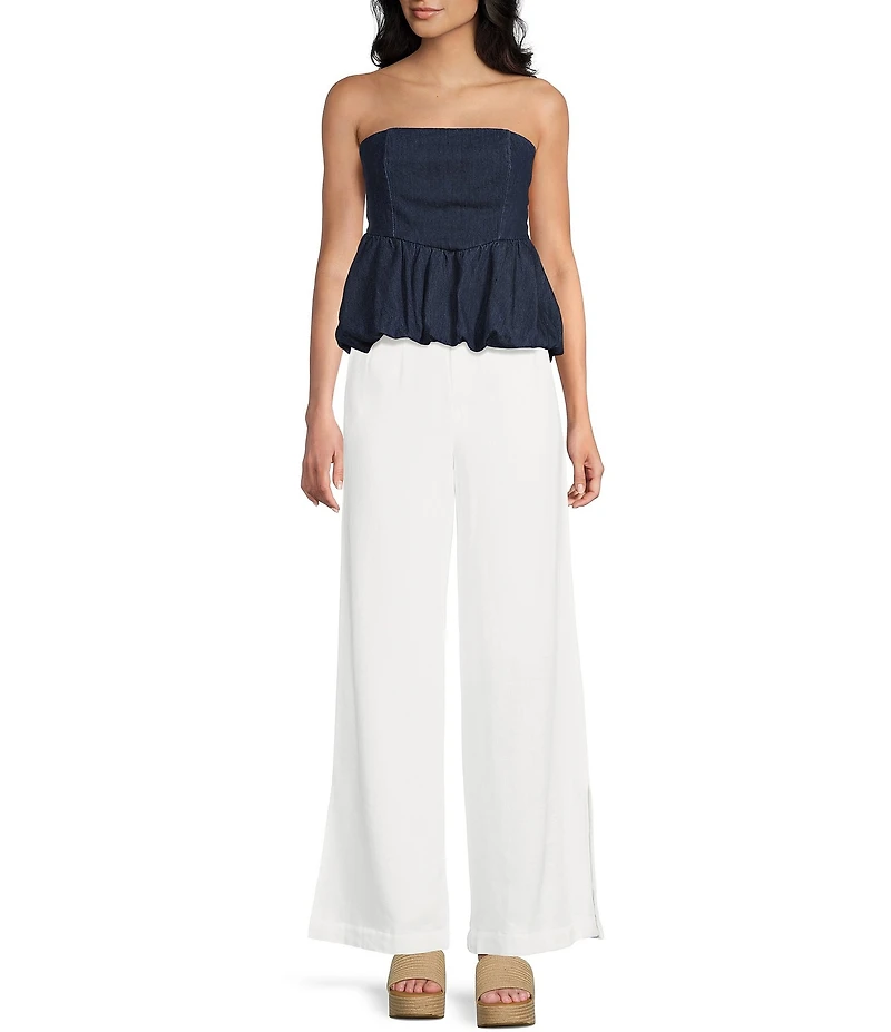 GB Strapless Denim Bubble Hem Peplum Top