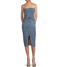 GB Strapless Denim Slit Midi Dress