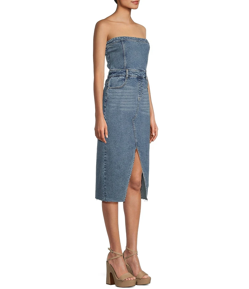 GB Strapless Denim Slit Midi Dress