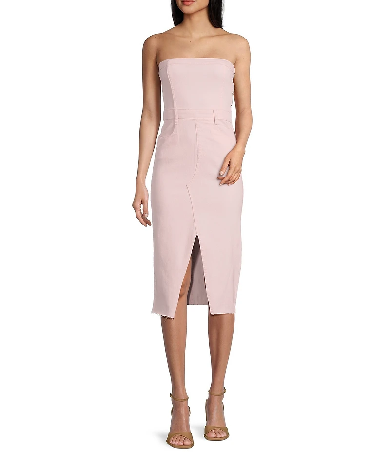 GB Strapless Denim Raw Hem Midi Dress
